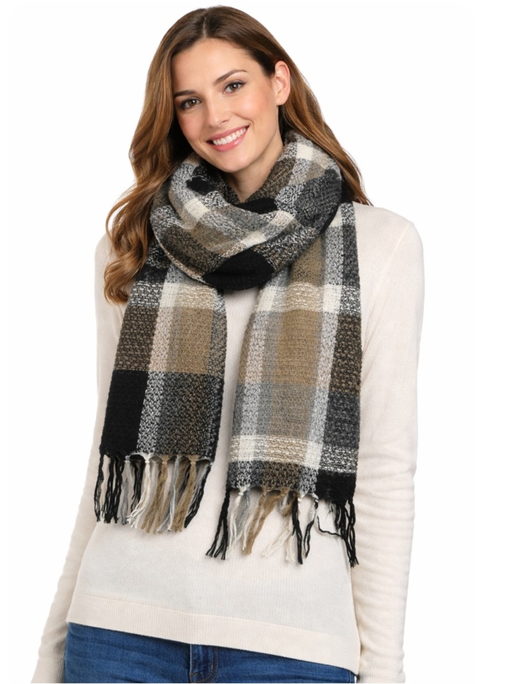 Steve Madden Plaid Blanket Scarf Black Gray Taupe Fringe Unisex Wrap OS